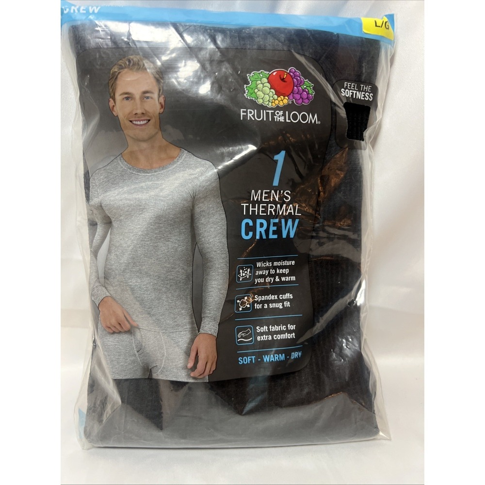 Fruit Of The Loom 1 Mens Thermal Crew Sz L/g Black Long Sleeve